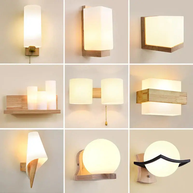 Minimalist wall lamp with frosted glass shades and natural wooden wall frames featuring pull chain switch for bedroom