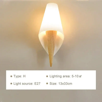 Minimalist frosted glass wooden wall lamp with cone-shaped shade and pull chain for bedroom lighting