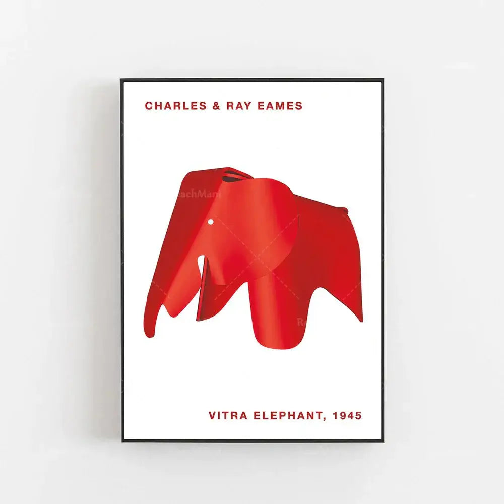 Vibrant red minimalist stylized elephant bauhaus canvas print on white poster framed in black for children’s room decorbites elephant bauhaus