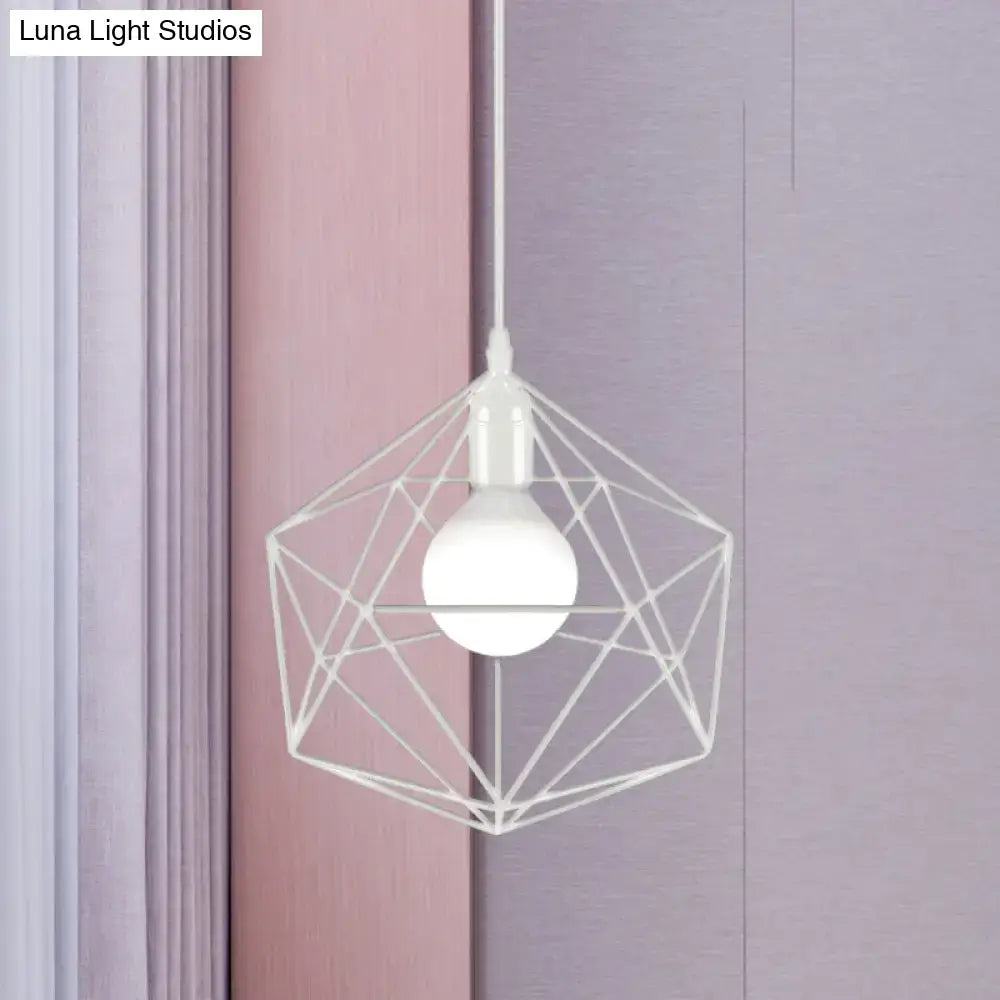 DecorBites™ geometric metal pendant light featuring a white black wire cage with frosted bulb for industrial decor