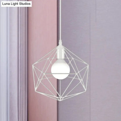 DecorBites™ geometric metal pendant light in black white with white wireframe and frosted bulb for industrial living rooms