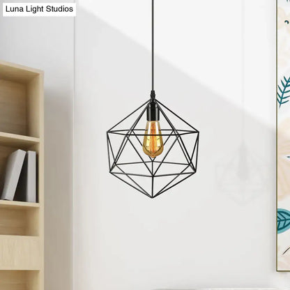 Decorbites geometric metal pendant light in black with warm amber filament bulb for industrial living room use