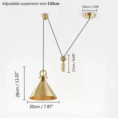Gold-colored brass cone-shaped pendant light with adjustable suspension wire for decorbites adjustable linear pendant lights