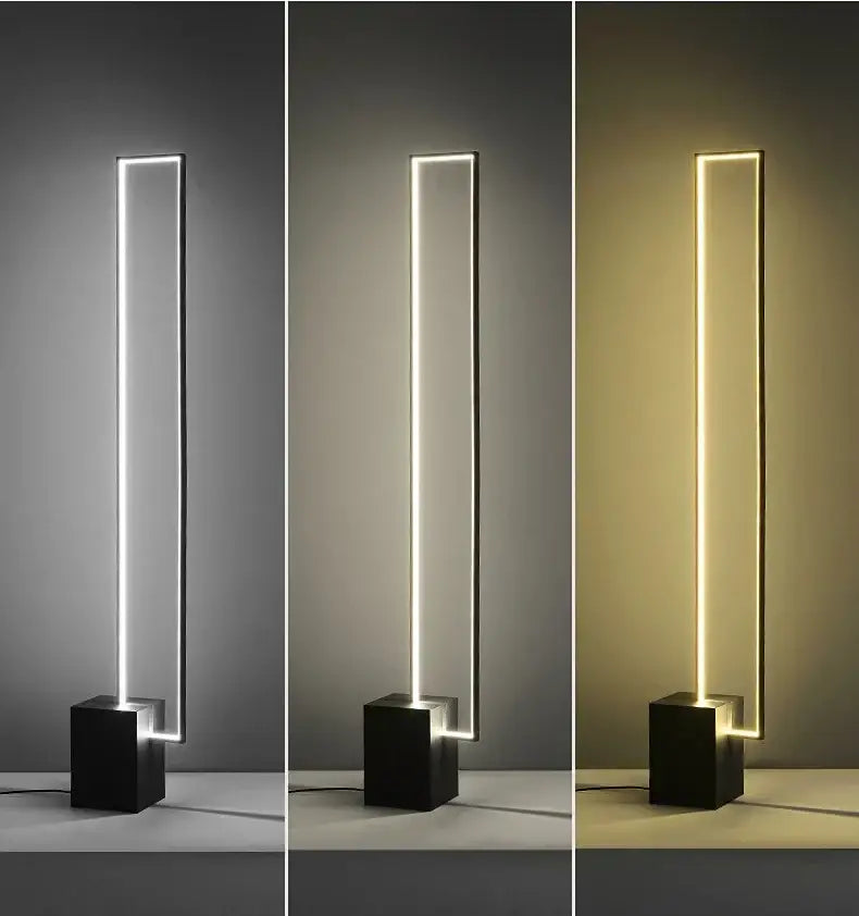Minimalist gold and black geometric led floor lamp with sleek cube base and cool white or warm yellow illumination