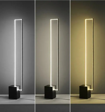 Minimalist gold and black geometric led floor lamp with sleek cube base and cool white or warm yellow illumination