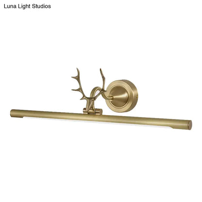 Minimalist gold bar wall sconce light with brass finish and elegant antler arm design for bathroom use