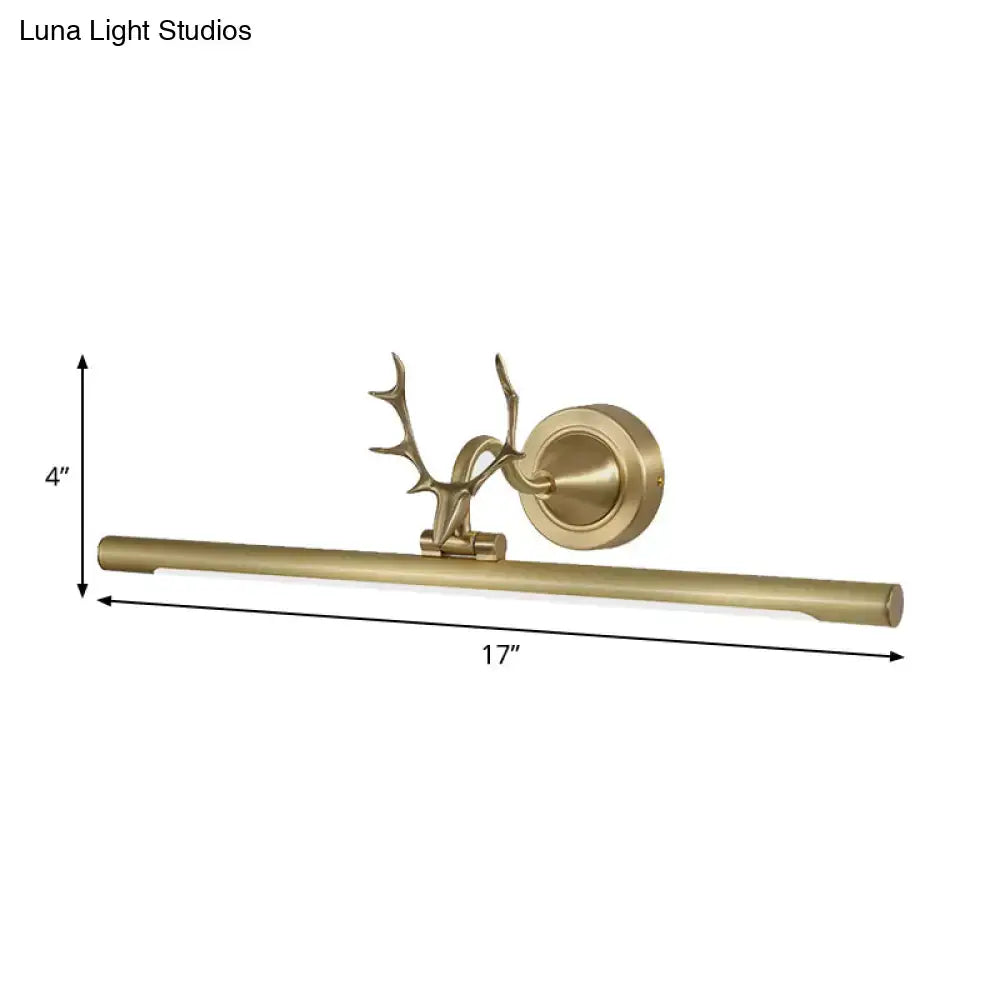 Minimalist gold bar wall sconce light with antler arm in gold finish and sleek elongated bar design for bathroom use