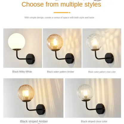 Minimalist gold and black wall lamp with decorbites glass ball led featuring spherical glass shade in various finishes