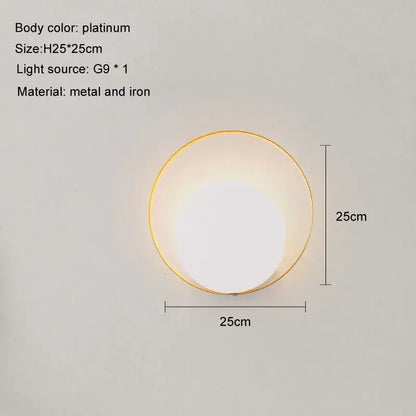 Minimalist gold and black led wall lamp with platinum circular metal and iron frame featuring warm g9 light source