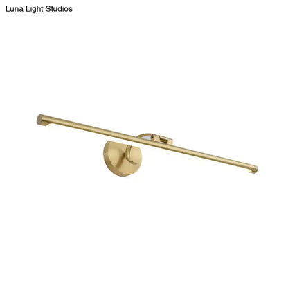 Minimalist gold brass led sconce bathroom vanity light with a sleek elongated bar design and circular wall-mounted base
