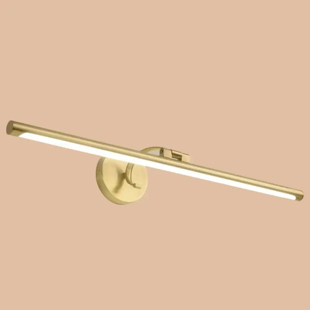Gold brass led sconce bathroom vanity light with sleek elongated rectangular design and circular wall-mounted base