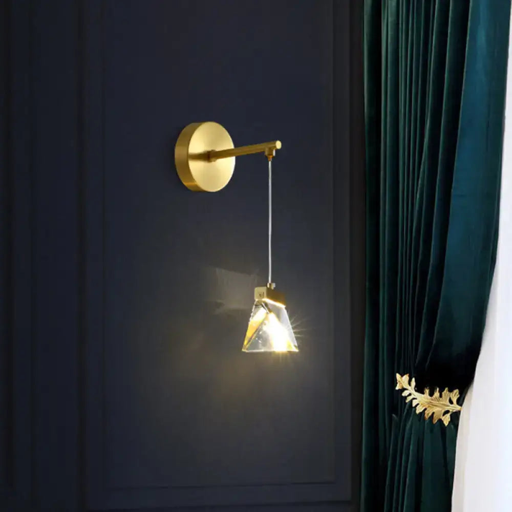 Minimalist gold clear crystal wall lamp with circular base and angled arm for bedroom 220v-240v lighting
