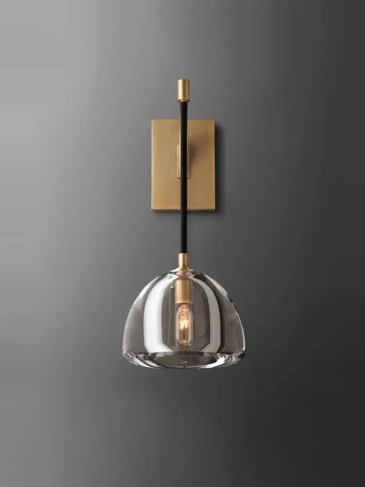 A minimalist gold crystal chandelier lighting featuring a brushed brass wall sconce with clear glass dome for decorbites k9 crystal