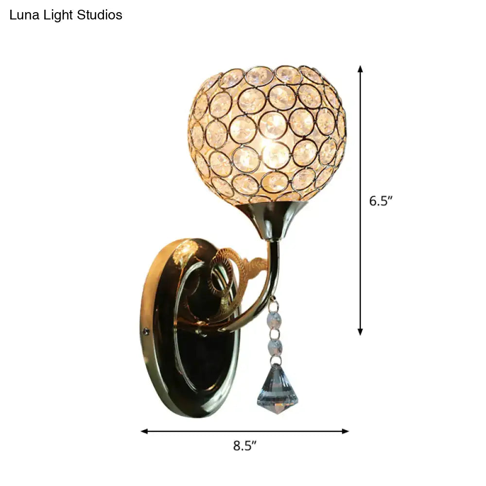 Minimalist gold wall sconce with crystal globe and teardrop pendant compatible with e26 e27 bulbs for bedroom lighting