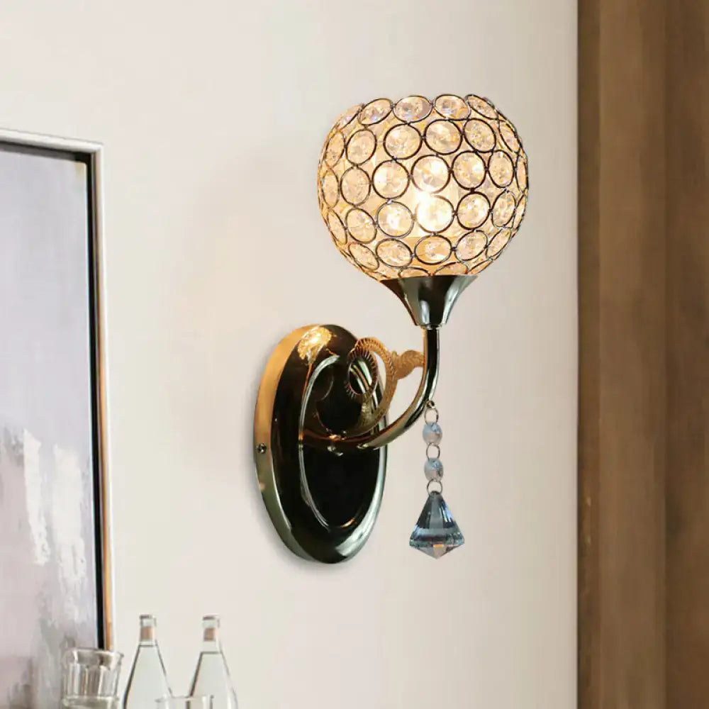 Minimalist gold wall sconce with spherical crystal globe and blue pendant compatible with e26 e27 bulbs for bedroom use