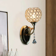 Minimalist gold wall sconce with spherical crystal globe and blue pendant compatible with e26 e27 bulbs for bedroom use