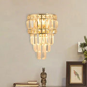 Minimalist gold crystal wall lamp 3-light inch fixture with tiered faceted glass for elegant living room lighting