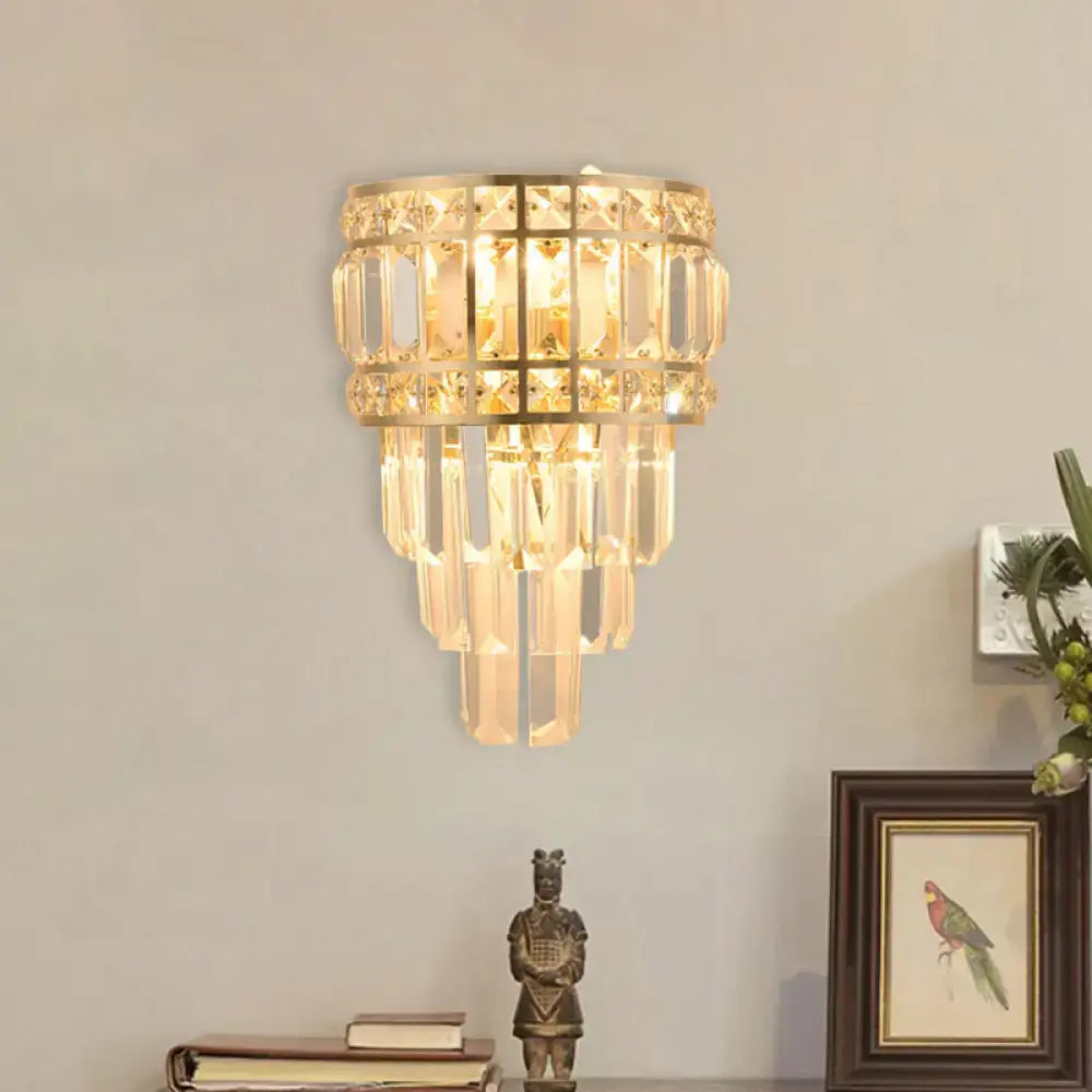 Minimalist gold crystal wall lamp 3-light inch fixture with tiered faceted glass for elegant living room lighting