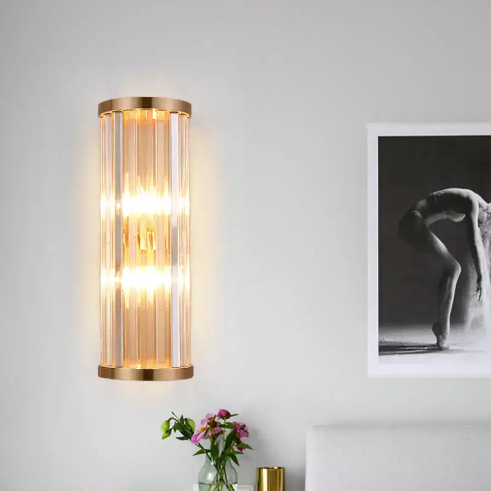 Minimalist gold crystal cylindrical wall sconce with e12 e14 bulbs and clear vertical glass panels for living room lighting
