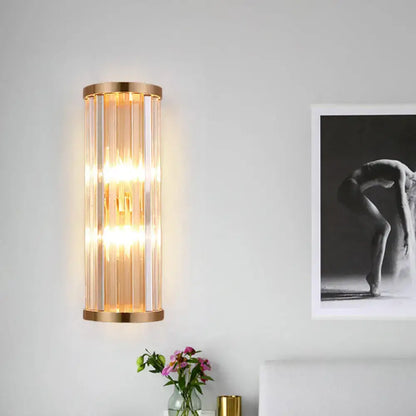 Minimalist gold crystal cylindrical wall sconce with e12 e14 bulbs and clear vertical glass panels for living room lighting