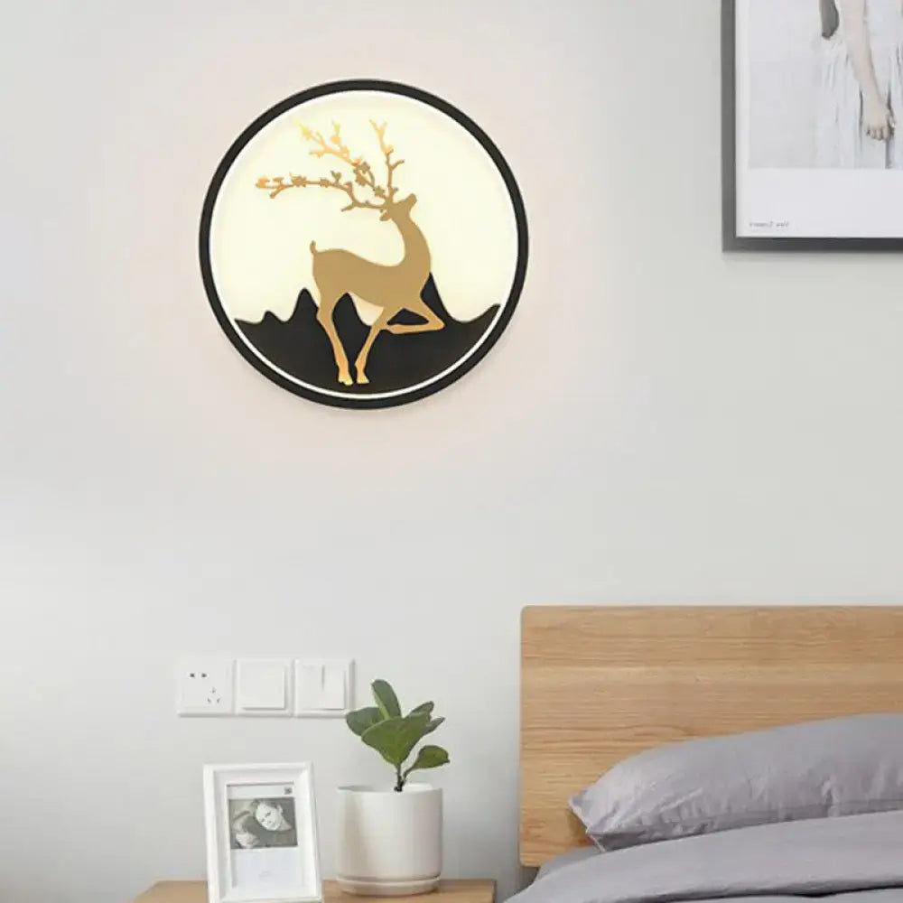 Minimalist 10 inch fixture gold deer ring LED wall sconce with black frame and mountain backdrop for bedroom lighting