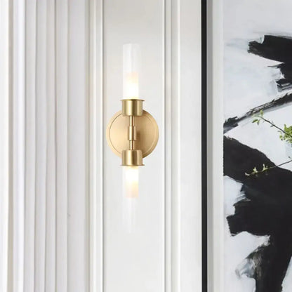 Minimalist gold double cylinder wall sconce with frosted glass shade and geometric design 12 inch fixture for bedroom