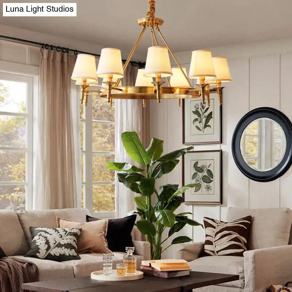 Gold-toned fabric bedroom minimalist conical ceiling chandelier with six cream-colored fabric shades
