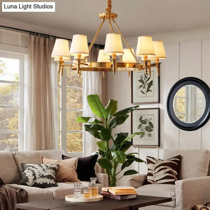 Gold-toned fabric bedroom minimalist conical ceiling chandelier with six cream-colored fabric shades