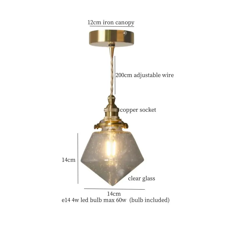 Minimalist gold faceted bubble glass led hanging light with brass iron canopy and adjustable copper wire for dining room