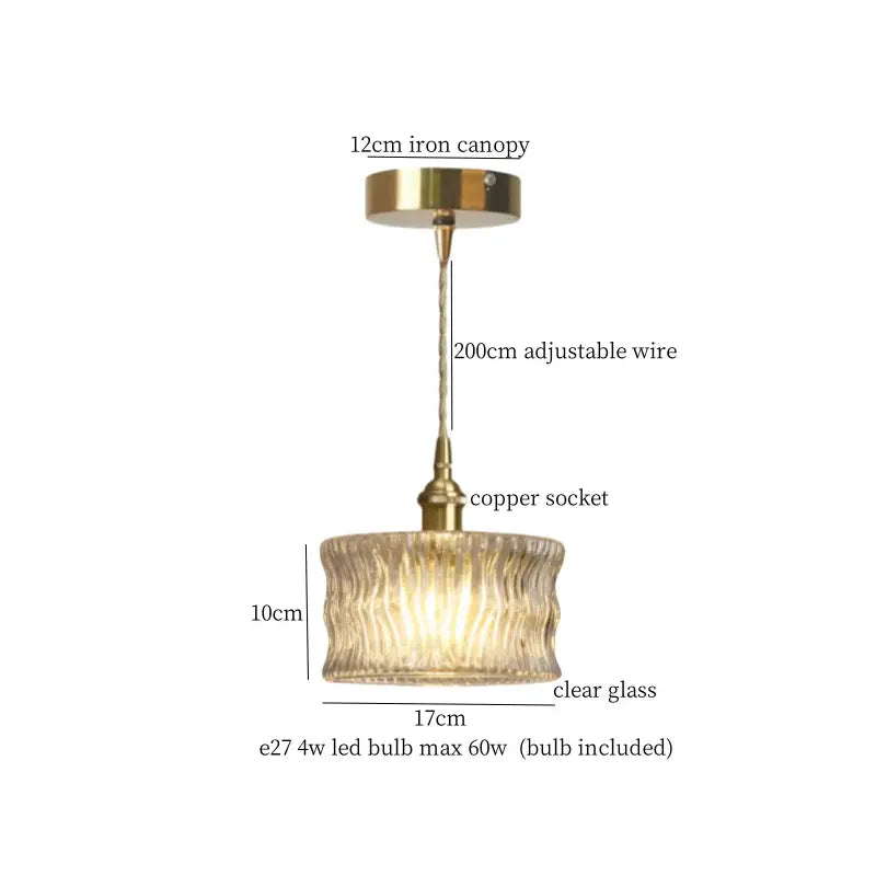 Minimalist gold faceted bubble glass led hanging light with brass finish and clear ribbed glass shade for dining room