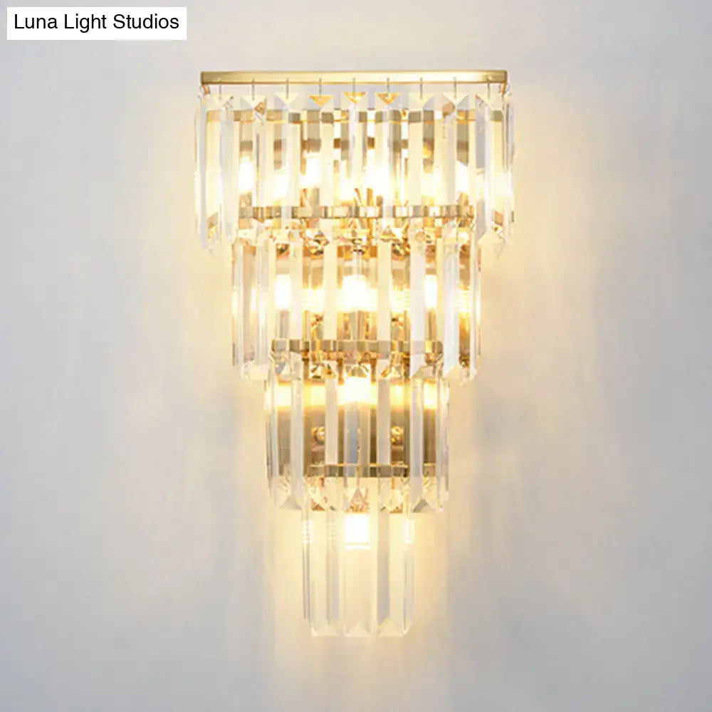 A minimalist gold finish crystal block wall sconce with cascading clear prisms for living room 220v-240v 110v-120v use
