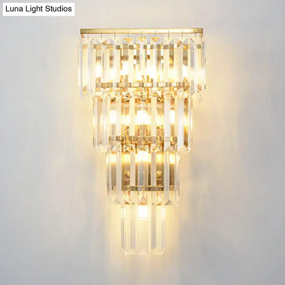 A minimalist gold finish crystal block wall sconce with cascading clear prisms for living room 220v-240v 110v-120v use