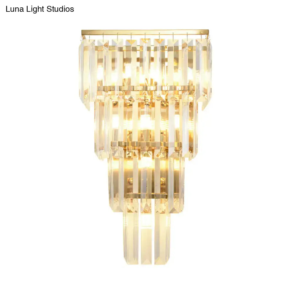 A minimalist gold finish crystal block wall sconce with cascading clear prisms for living room light 220v-240v 110v-120v