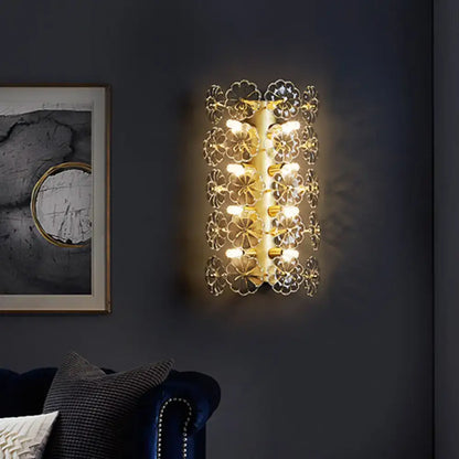 Minimalist gold floral crystal sconce light with intricate details for bedroom wall lighting