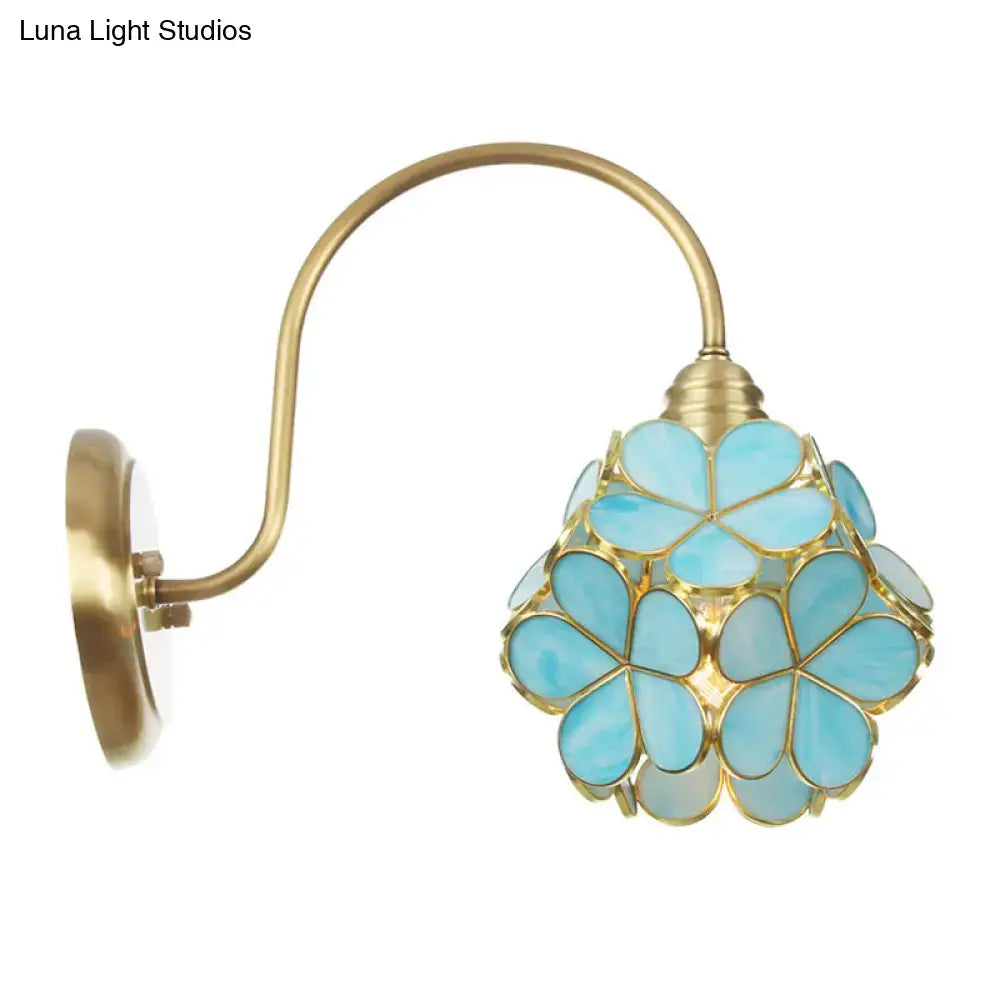 Minimalist gold floral wall sconce with light blue glass shade in brass for living room compatible with e26 e27 bulbs