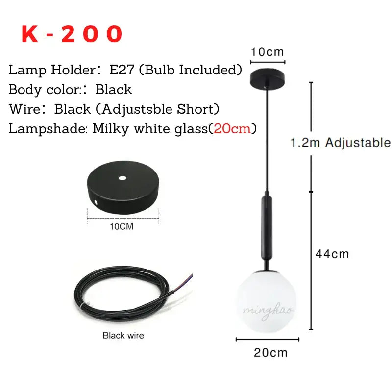 Black k-200 pendant light with milky white glass globe shade and adjustable wire for decorbites glass ball led chandelier