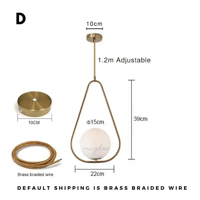 Minimalist gold-toned brass pendant light with teardrop frame and off-white decorbites glass ball led chandelier globe