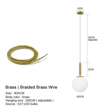 Minimalist gold-toned brass pendant chandelier with decorbites glass ball led and braided wire for kitchen island decor