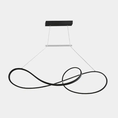 Black infinity-shaped led strip island light with minimalist metal dining design for modern metal dining room use
