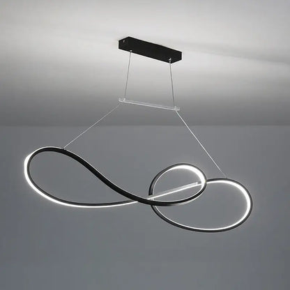 Modern black infinity-shaped led strip island light with sleek white illumination for minimalist metal dining room