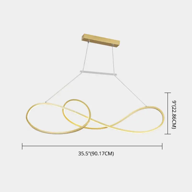 Minimalist gold-toned infinity loop led strip island light with wooden ceiling mount for metal dining room use