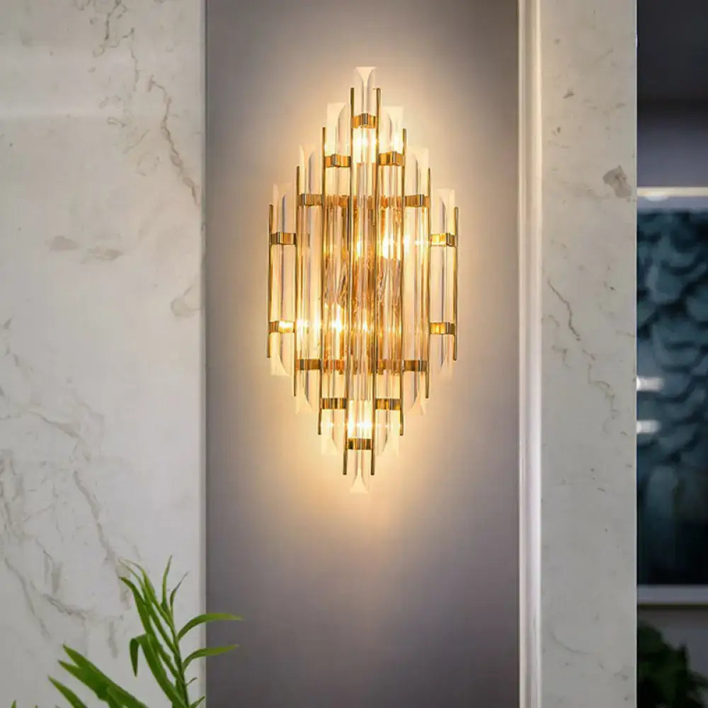 Minimalist gold k9 crystal wall sconce light with vertical glass rods and metallic frames for living room use