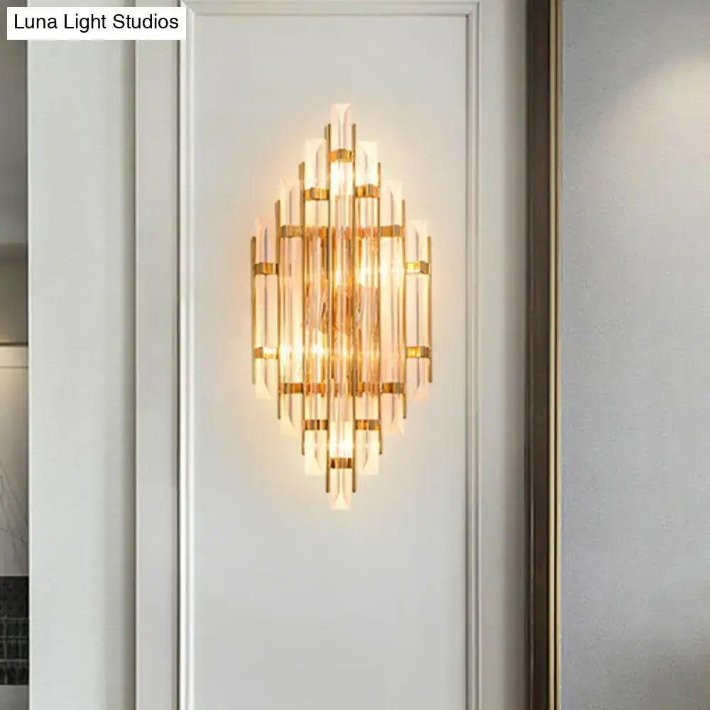 Minimalist gold wall sconce light with k9 crystal vertical glass rods and metallic frame for living room use