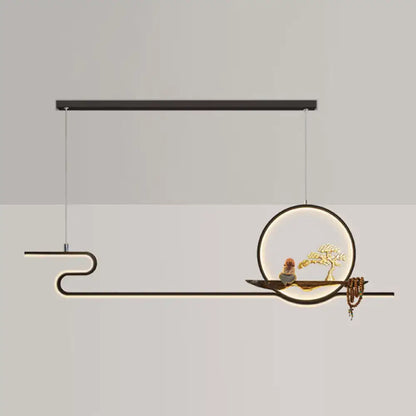 Modern black linear hanging lamp with circular illuminated frame, golden bonsai tree, figurine, and adjustable chain cord length
