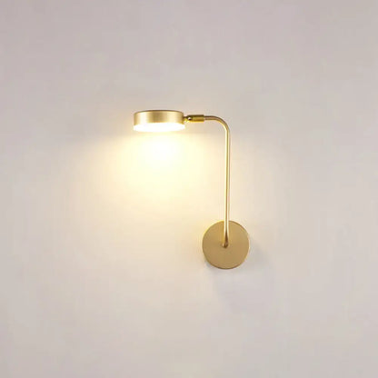 Minimalist gold metal led sconce wall mounted lamp with slender curved arm and circular base for bedroom use