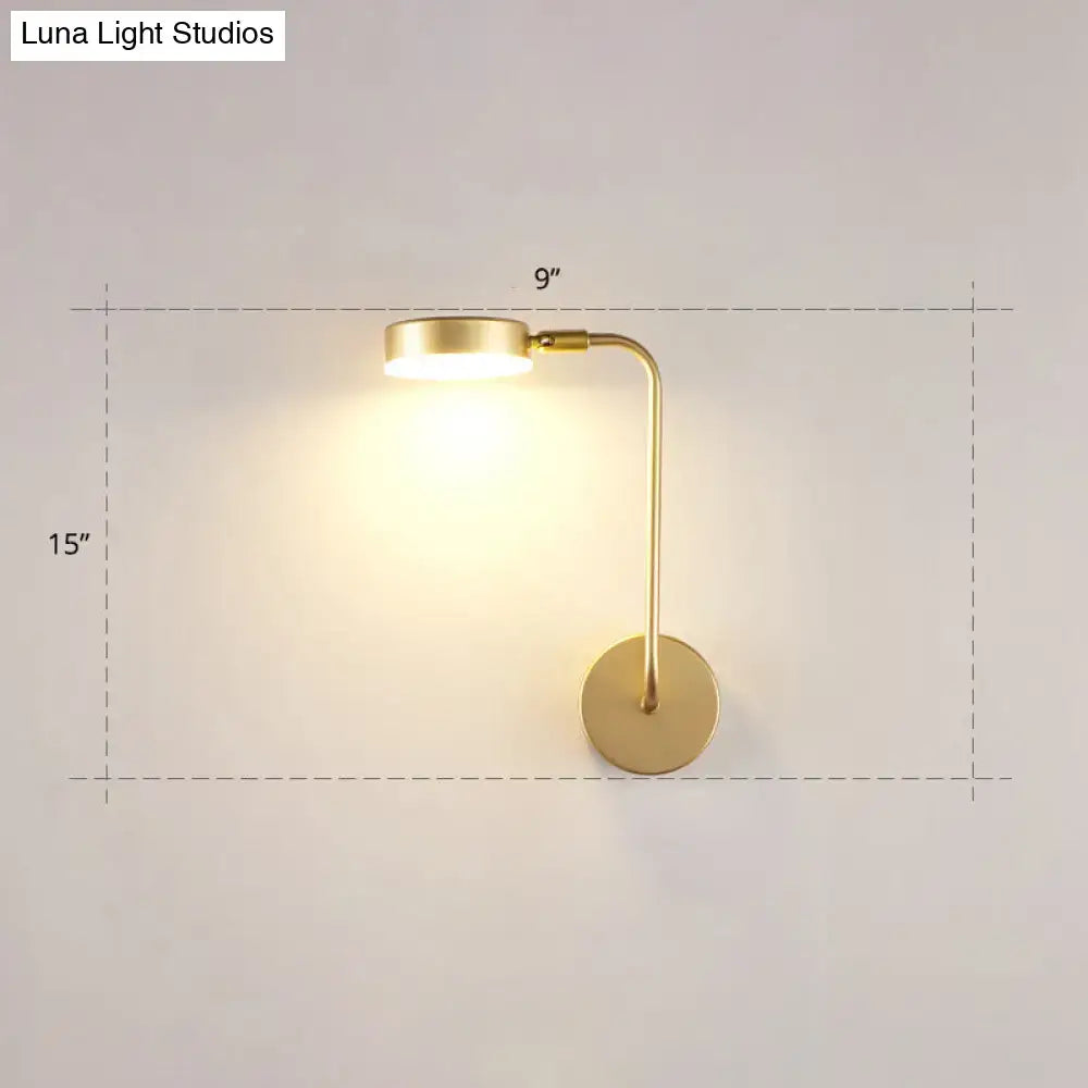 Minimalist gold metal led sconce wall mounted lamp with curved arm and circular base for bedroom lighting