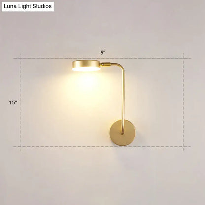 Minimalist gold metal led sconce wall mounted lamp with curved arm and circular base for bedroom lighting