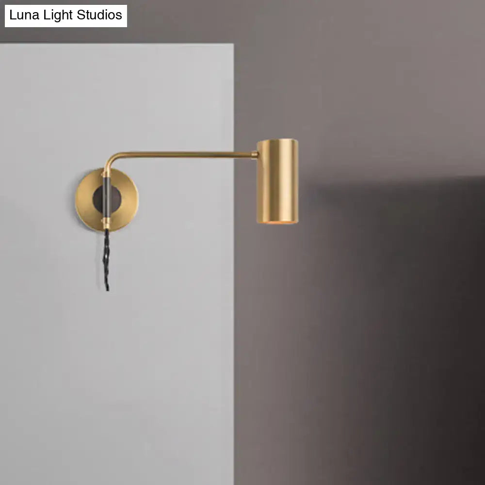 Minimalist gold metal wall lamp with cylindrical head and curved arm bedside spotlight compatible with e26 e27 bulb base