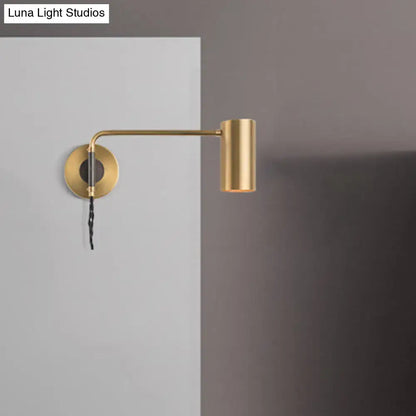 Minimalist gold metal wall lamp with cylindrical head and curved arm bedside spotlight compatible with e26 e27 bulb base