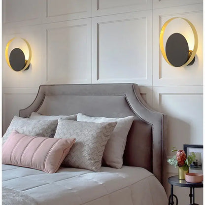 Minimalist decorbites gold nordic led wall sconce with gold-toned circular frame and dark gray disc for bedroom lighting